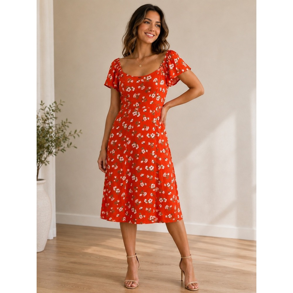 Old Navy Midi Dress L Petite Red Floral Flutter Sleeve Smocked Back Slit NWT